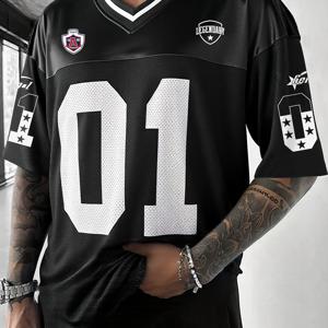 TEMU 남성용 블랙 V넥 운동용 티셔츠 - 통기성, 빠른 건조, 숫자 01 및 별 디자인이 있는 신축성 있는 반팔, 여름 캐주얼 착용에 완벽함, 캐주얼 여름 착용 | V넥 티셔츠 | 편안한 핏