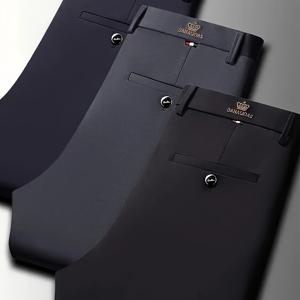 TEMU 3pcs 남성용 고탄력 비즈니스 캐주얼 정장 바지 - 주름 방지, 사계절 착용 가능, 로고 디자인, 중간 허리 라인 & 지퍼 클로저, 사무실 및 공식 행사용, 프로페셔널 스타일, 스티칭, 다목적 트라우저, 기업복|냉장고바지|오피스룩|남자바지