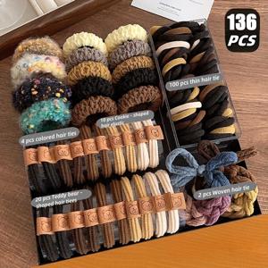 TEMU 136pcs 무경계 탄성 헤어 타이 세트 - 두꺼운 곱슬머리, 높은 탄성 포니테일 밴드, 귀여운 스타일, 다양한 색상. 여성용 4계절 머리 액세서리, OPP 가방 포장