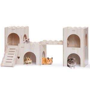 TEMU 대형 나무 햄스터 성, 이중 층, 다중 공간 숨고기와 계단, 햄스터를 위한 적합