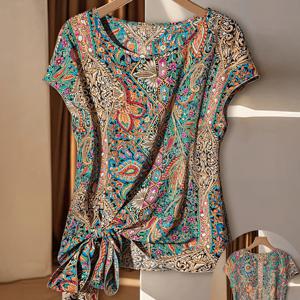 TEMU 여성용 중동 스타일 민소매 여름 셔츠 - 라운드 넥 앞쪽 묶음 & 비대칭 밑단 블라우스, 페이즐리 패턴, 가벼운 기계 세탁 가능 탑, 캐주얼 휴가 또는 해변 나들이용 우아한 여름 블라우스, 리조트웨어, 통기성 원단