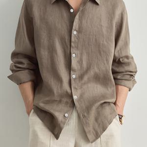TEMU 남성용 오버사이즈 리넨 느낌 셔츠 - 편안한 핏 긴팔 버튼업 칼라, 베이지 버튼 플래킷 & 가슴 포켓 - 사계절 캐주얼 & 스마트캐주얼 웨어, 통기성 섬유 (손세탁 가능)|블라우스|남자셔츠|남자옷