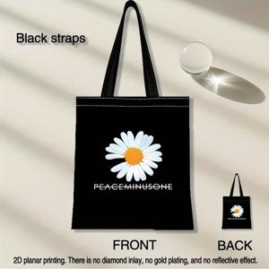 TEMU PeaceMinusOne Daisy 토트백 - 흰색 스트랩이 있는 검은색, 내구성이 뛰어난 캔버스, 기계 세탁 가능, 일상적인 휴대, 쇼핑 및 여행에 이상적, 화장품 보관 포켓