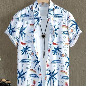 TEMU 남성용 트로피컬 플로랄 프린트 반팔 셔츠 - 버튼업 칼라가 있는 가벼운 여름 해변복, 생동감 넘치는 야자수 & 별 디자인, 휴가 및 야외 활동에 완벽한 캐주얼 여름 상의, 휴가 의류 | 트로피컬 프린트 셔츠 | 비신축성 원단, 알로하/하와이안 셔츠 남성용, 우아한 남성용 셔츠, 남성용 옷|비치웨어
