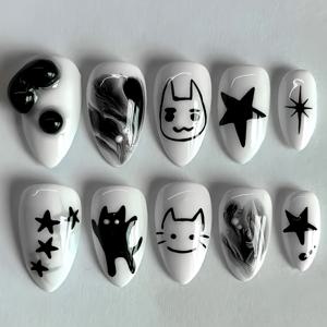 TEMU 10개입 핸드메이드 착용 가능한 네일 세트, 카툰 귀여운 흑백 컬러블록 입체 고양이 별 디자인 - 아몬드형 짧은 스타일 다양한 모델. 재사용 가능. 여성 및 데일리 웨어에 적합. 젤리 글루와 네일 파일 포함|젤네일