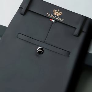 TEMU 남성용 주름 방지 고탄력 드레스 팬츠 - 사계절 세탁 가능한 비즈니스 & 캐주얼 바지, 크라운 & 골든 데이지 장식, 톤온 지퍼, 미드 라이즈 허리 - 오피스 & 정장용 테일러드 핏 (블랙)