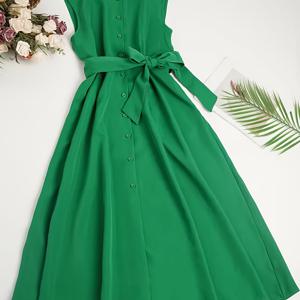 TEMU 여성용 2025 여름 솔리드 컬러 벨트 A라인 드레스 - 시크한 칼라, 버튼업 프론트, 캐주얼 & 오피스웨어용 플로우 와이드 레그 디자인, 구조적 실루엣, 내구성 있는 원단