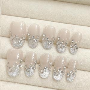 TEMU 10pcs 순수한 손으로 만든 누드 짧은 오발 실버 글리터 프레스온 네일 패션 여성에게 적합