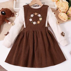 TEMU 여아용 새로운 귀여운 3D 꽃 라운드 넥 탑 자수 서스펜더 스커트 투피스 세트, 야외용