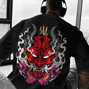 TEMU 남성용 오니 데몬 & 벚꽃 티셔츠 - 블랙 & 레드 한자 프린트, 루즈핏 여름 반팔 티, 오니 페이스 마스크 디자인, 캐주얼 애니메이션 만화 스타일 문화 팬을 위한 선물
