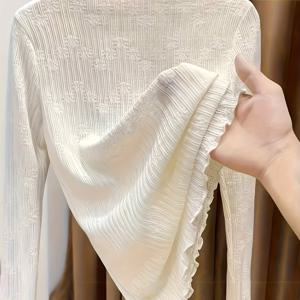 TEMU 여성용 우아한 레이스 트림 긴팔 티셔츠 - 슬림핏 하이넥 블라우스, 부드러운 데일리 & 포멀 상의 (봄/가을/여름), 캐주얼, 오피스, 파티용 세탁기 사용 가능한 시크한 셔츠, 여성 티셔츠