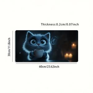 TEMU 1개 대형 게이밍 마우스 패드 - 미끄럼 방지 세탁 가능 표면, 커피를 든 귀여운 고양이 눈매 디자인, PC용 초장대 데스크 매트, 오펜스틱 장식에 이상적인 게이머 선물 (블루 & 다크 배경)|장패드