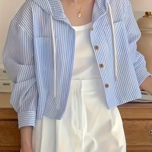 TEMU 여성용 캐주얼 후드 셔츠 - 연한 파랑 & 흰색 수직 줄무늬, 긴 소매, 앞면 버튼업, 짧은 길이, 봄/여름/가을 패션, 캐주얼 여름복 | 후디 | 버튼업 후디