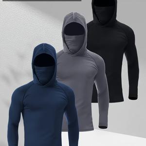 TEMU 3개입 남성용 퀵드라이 방풍 후드 셔츠 & 페이스 마스크 - 가볍고 신축성 좋은 아웃도어, 러닝, 피트니스 퍼포먼스 웨어