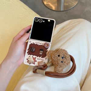 TEMU 만화 도넛 커피 베어 헤드 스티커 접이식 폰 케이스 스트랩 포함, 삼성 갤럭시 Z 플립 3 4 5 6 7 호환