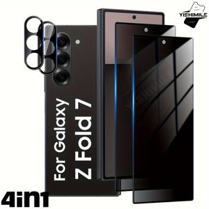 TEMU 4in1 2개 프라이버시 강화유리 보호필름+2개 카메라 렌즈 보호기, 삼성 갤럭시 Z 폴드 4/Z 폴드 5/Z 폴드 6/Z 폴드 7 시리즈 호환, 스크래치 방지, 지문 방지, 기포 없음, 간편 설치