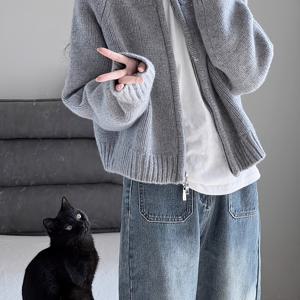 TEMU 여성용 포근한 회색 가디건 - 캐주얼 긴팔 지퍼업 스웨터, 버튼 디테일, 루즈핏, 중간 신축성, 가을/겨울에 적합, 캐주얼 겨울옷 | 버튼 가디건 | 구조, 스웨터 가디건