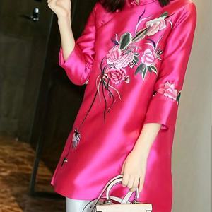TEMU 여성용 수공예 중국 치파오 드레스 - 화려한 핑크색 꽃무늬, 전통 만다린 칼라, 기계 세탁 가능 사계절 축제·결혼식 및 일상복