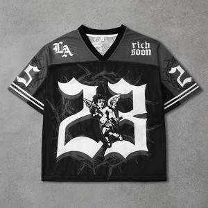 TEMU 남성용 블랙 & 퍼플 LA 로고 & 숫자 23 그래픽 프린트 운동용 저지 - 루즈핏 V넥 티셔츠, LA 레터링 & 숫자 23 디자인