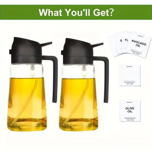 TEMU 2개입 16온스/470ml 유리 오일 스프레이어 블랙 캡 포함 - 요리, 바비큐, 샐러드 드레싱용 정밀 측정 - 홈 셰프를 위한 이상적인 휴일 선물, 세련된 디자인, 그릴링 애호가에게 완벽한 액세서리, 주방용 오일 디스펜서 병, 식품 코코넛 오일, 주방 가제트, 요리 도구