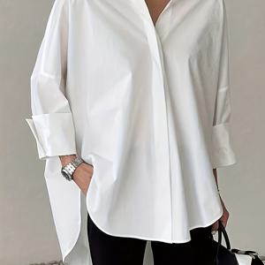 TEMU 여성용 우아한 긴팔 버튼업 셔츠 - 클래식 칼라가 있는 솔리드 컬러 루즈핏 오피스 & 캐주얼 블라우스, 비즈니스 캐주얼 의상에 적합한 봄/가을 다용도 워크웨어, 스프링 패션 탑, 세련된 스타일, 고품질 원단