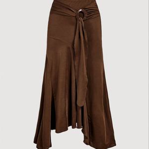 TEMU 여성용 우아한 하이웨이스트 비대칭 밑단 랩 스커트 - 브라운, 타이 허리 & 러플 디테일, 솔리드 컬러 올시즌 캐주얼부터 포멀까지 다재다능 미디 스커트, 세련된 재봉, 고급스러운 원단, 사무실 착용, 내구성 있는 소재, 스타일리시 여성용, 클래식 웨어, 부드러운 세탁, 몸매 강조