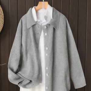 TEMU 플러스 사이즈 - 플러스 사이즈 여성용 우아한 겨울 가디건 - 긴 소매 오픈 프론트 스웨터 버튼 디테일, 루즈핏 솔리드 컬러 캐주얼 & 포멀 웨어, 고신축성 원단, 단추 잠금, 캐주얼 웨어 가디건 | 우아한 가디건 | 제작, 가디건 스웨터|가디건