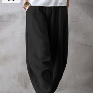 TEMU 여성용 우아한 와이드 레그 팬츠 - 레이온/린넨 느낌의 탄력 있는 허리 & 이중 포켓, 가을/겨울용 편안한 하렘핏, 블랙 (섬유) - 캐주얼에서 포멀까지, 세탁기 사용 가능|린넨