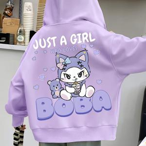 TEMU 소녀용 귀여운 소프트 후드 재킷 - 보라색 지퍼 & 밀크티 고양이 디자인, 가벼운 루즈핏 긴팔 캐주얼 아우터웨어 (봄/가을), 학교 및 일상 활동에 완벽한, 편안한 착용감, 지퍼업 코트, 어린이용