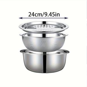 TEMU 3pcs 9인치 더 깊고 넓은 스테인리스 스틸 다용도 준비 그릇 세트 | 야채 커터, 채반, 믹싱 볼, 슬라이서 | 식기세척기 안전 샐러드 준비 세트, 배수 바스켓으로 쉬운 세척과 내구성