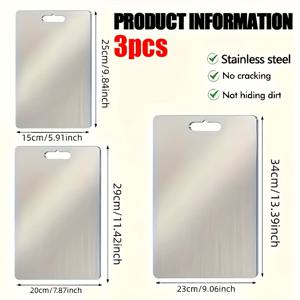 TEMU 3개 세트 스테인리스 스틸 양면 도마 - 미끄럼 방지, 내구성 및 쉽게 청소할 수 있는, 과일, 채소, 고기용 완벽 - 인체공학적 손잡이가 있는 다기능 주방 도구, 슬라이싱 및 채썰기에 이상적, 식품 안전 디자인, 주방 필수품|인체공학적 손잡이|내구성 있는 도마