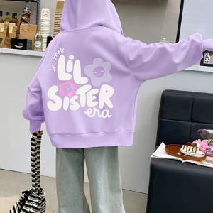 TEMU 소녀용 릴 자매 그래픽 후드 지퍼업 재킷 - 가벼운 보라색 스트리트웨어, 앞 포켓, 루즈핏 긴팔 후디, 봄 여름 가을 캐주얼 패션 탑, 트렌디한 청소년 의류, 편안한 소재, 스트리트 스타일, 어린이 아우터웨어, 어린이 패션, 어린이 패션 애호가