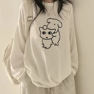 TEMU 여성용 귀여운 시바견 프린트 오버사이즈 티셔츠 - 부드럽고 통기성 좋은 폴리에스터 긴팔 라운드넥 캐주얼 의상, 사계절 편안함, 일본 애니메이션 디자인으로 레이어링 & 라운지 룩에 완벽 - 귀여운 시바견 그래픽이 돋보이는 동물 프린트 풀오버, 세탁기 사용 가능, 가을 & 겨울을 위한 편안한 핏