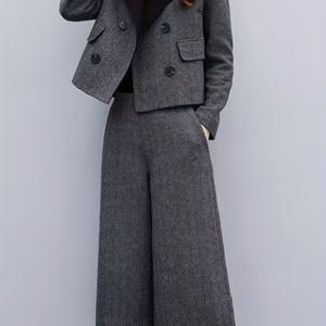 TEMU 여성용 스타일리시 투피스 세트 - 시크한 트위드 재킷 & 와이드 레그 팬츠, 버튼 디테일이 있는 캐주얼 가을/겨울 의상, 브라운 & 화이트 컬러 블록 디자인, 캐주얼 의상|시크한 투피스 세트|버튼 디테일 재킷|냉장고바지|바지