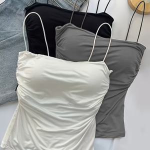 TEMU 3명의 여성을 위한 우아하고 캐주얼한 민소매 탑 - 허리 플리츠 디테일, 로우 칼라, 사계절 유니버설, 블랙 & 그레이 혼합 컬러 | 손세탁 전용