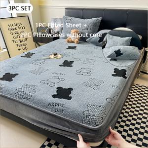 TEMU 꿈같은 스타일의 귀여운 곰 프린트 인조 토끼 모피 침구 세트 - 두꺼워진, 주름 방지, 따뜻함, 겨울 선물에 완벽함, 편안하고 가벼운 베이지 친화적, 침구 세트, 침대 시트 세트, 베개 커버가 있는 침대 시트 세트, 더블 침대 시트 세트|이불|케이스