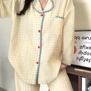 TEMU 캐주얼 체크무늬 여성 파자마 세트, 일본 스타일 한국 버전 가을 겨울 루즈핏 긴팔 가디건 셔츠와 바지 (4가지 사이즈)|잠옷|가디건|파자마