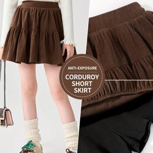 TEMU 1개 MIANZHI 여아용 코듀로이 A라인 숏 스커트 (내장 쇼츠 포함) - 브라운/블랙, 플리츠 밑단 & 신축성 허리, 겨울용 유니폼 드레스, 캐주얼 & 파티웨어, 세탁기 사용 가능 '스커트 아웃핏'|반바지