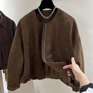 TEMU 여성용 풀지퍼 오버사이즈 레트로 세이블 재킷 - 칼라 & 풀지퍼 프론트 클로저, 봄/가을용 숏 코트, 기계 세탁 가능한 브라운 아우터웨어 (노스트레치) - 캐주얼에서 프로페셔널까지 어울리는 재킷