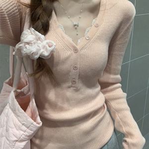 TEMU 여성용 우아한 V넥 긴팔 스웨터 - 부드럽고 신축성 있는 버튼 앞면 탑, 시크한 오피스 & 데일리 스웨터 (가을/겨울), 오피스, 파티, 캐주얼 의상 - 여성 의류 필수품, 스웨터, 파티 복장, V넥 디자인, 고탄성 원단, 시크한 오피스 & 데일리 스웨터