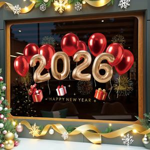 TEMU 2026 새해 & 크리스마스 창문 장식 - 정전기 부착식 탈착식 자체 접착 풍선 & 숫자 2026 스티커 (골드 & 레드 풍선 포함), 광택 플라스틱 불규칙 모양, 가정, 사무실, 파티 장식용, 유리 스티커, 유리창 스티커