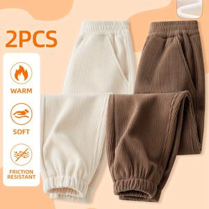 TEMU 2개 세트 여아용 코듀로이 팬츠 - 겨울용 따뜻한 코듀로이 바지, 내구성 강하고 부드러운 롱 팬츠, 대형 키즈용, 베이지 & 화이트 캐주얼 & 아웃도어 웨어, 세탁기 사용 가능 (벨트 루프 없음) - 가을/겨울 의류, 야외 활동에 완벽