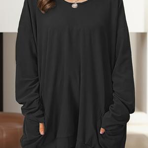 TEMU 플러스 사이즈, 우아한 솔리드 컬러 긴팔 블라우스 - 가슴 포켓 라운드넥 캐주얼 & 드레시 탑, 세탁기 사용 가능 봄/가을 재킷 스타일 셔츠, 다용도 포켓 스웨터 코트 (건조기 사용 금지)
