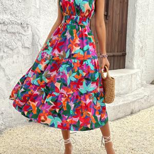 TEMU 여성 플로럴 원피스 - 우아한 A라인 파티 & 데일리 원피스, 플레어 스커트, 올 시즌 포멀 & 캐주얼 의상 (그린/레드/퍼플/오렌지/티얼) - 할로윈, 크리스마스, 가을/겨울 행사, 축제 의상, V넥 디자인 여성 의류