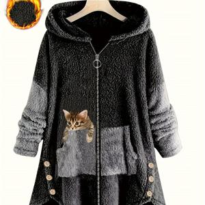 TEMU 여성용 플러스 사이즈 캐주얼 후드티, 고양이 프린트 - 포근한 플리스 안감 지퍼업 재킷, 긴 소매, 포켓 | 가을 & 겨울에 완벽함