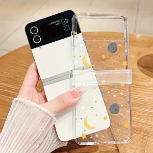 TEMU Flip 5 5G용 투명 PC 하드 케이스, Z Flip4 / Z Flip3 접이식 후면 커버 힌지 풀 프로텍션 커버 별과 달 패턴
