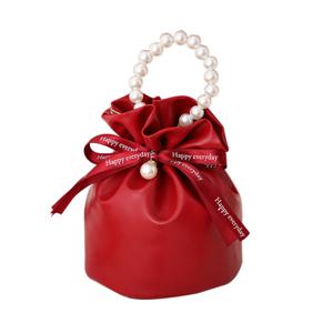 TEMU 진주 손잡이가 달린 우아한 레드 PU 끈가방 – 패셔너블한 한국 스타일 웨딩 및 보석 보관용 버킷백, 5.51x4.13x4.13인치, 웨딩 퍼스