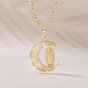 TEMU 넉넉하고 심플한 인레이 큐빅 지르코니아 달 펜던트 목걸이, 구리 14K 금도금