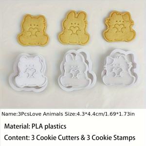 TEMU 3개/세트 4개 토끼 곰 고양이 쿠키 커터 몰드 사랑의 하트 데이 비스킷 스탬프 아이싱 플라스틱 베이킹 용품, 학교로 돌아가는 준비