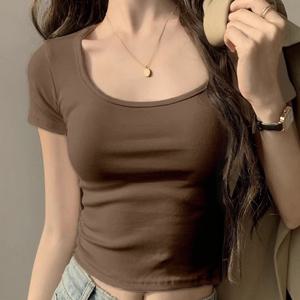 TEMU 여성용 로우컷 크롭 티셔츠 - 신축성 캐주얼 시크 탑, 비침 방지 소재로 일상 & 포멀룩 완벽 - 청바지/스커트와 매치 가능한 브라운 셔츠 - 봄/여름 필수 아이템, 다목적 의류, 세련된 디자인, 기계세탁 가능, 편안한 핏, 여름 패션 스테이플, 내구성 있는 소재, 반소매 상의, 여름 룩을 위한 모던 여성복